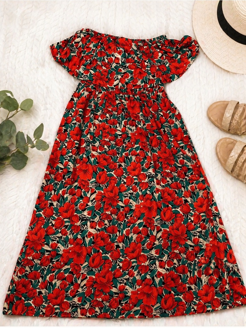 Off Shoulder Floral Maxi Dress | Red Boho Summer / Vacation